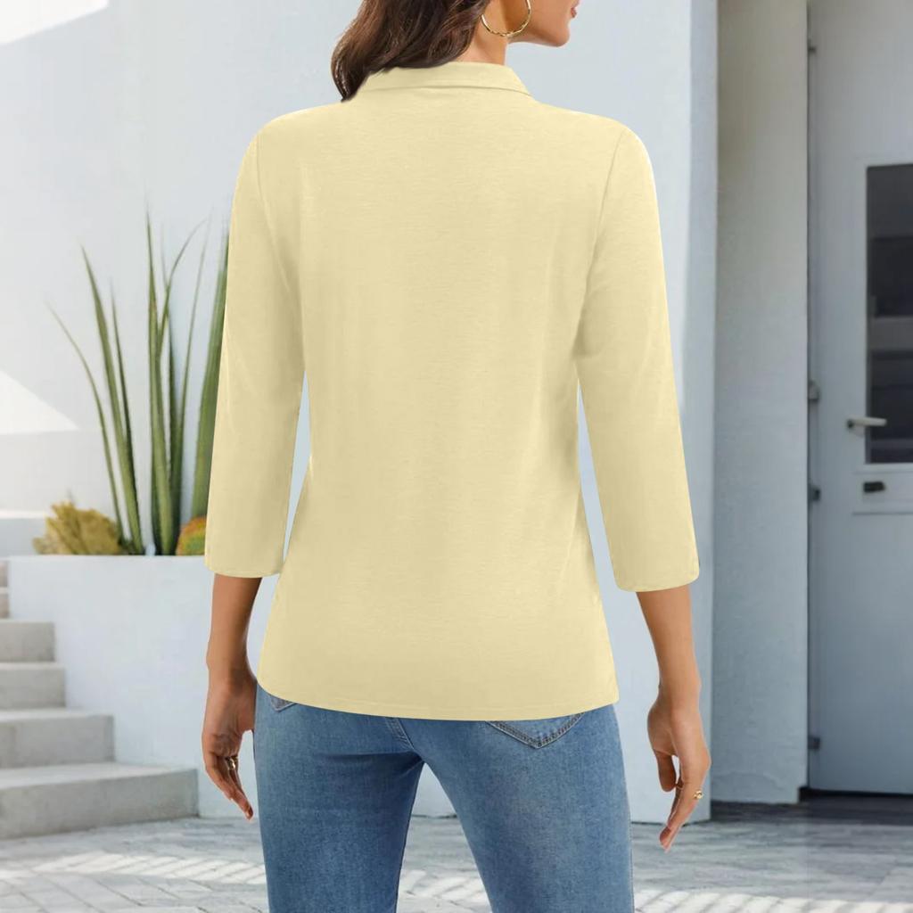 Women's Fashion Casual Lapel Short 3/4 Sleeve Solid Color Shirt Women's Button Up Tops