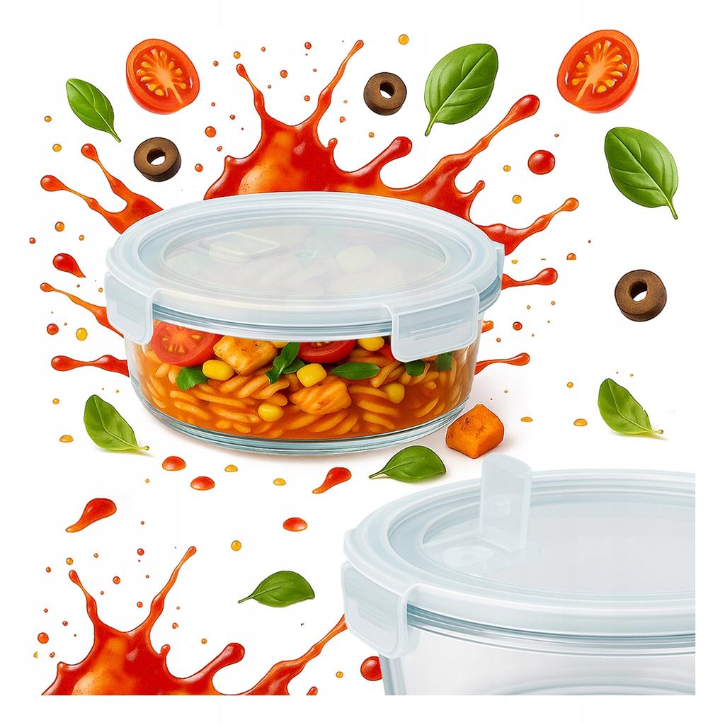 Hermetic round glass container 620 ml for food, salad, lunch, soup