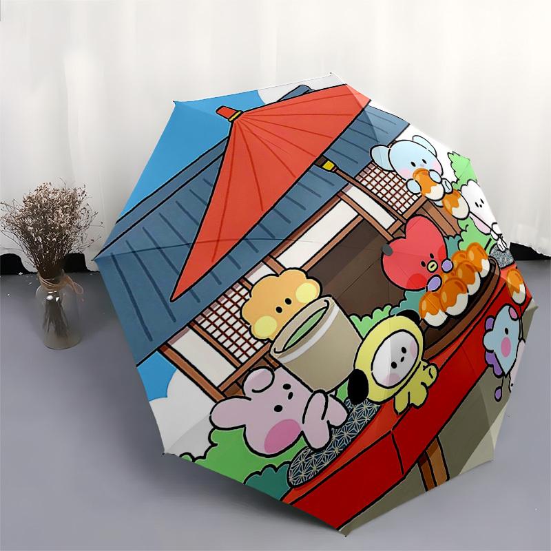1pc Outdoor Umbrella with BT21 Characters - Automatic Opening/Closing, Portable 3-Fold Design, 8-Bone Iron Frame, Perfect for Fans, Travel, Daily