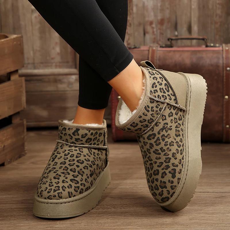 Леопардовые женские зимние ботильоны на плоской подошве, туфли на платформе, тренд 2025 года, теплые короткие плюшевые зимние ботинки для женщин, повседневные прогулочные ботинки Mujer