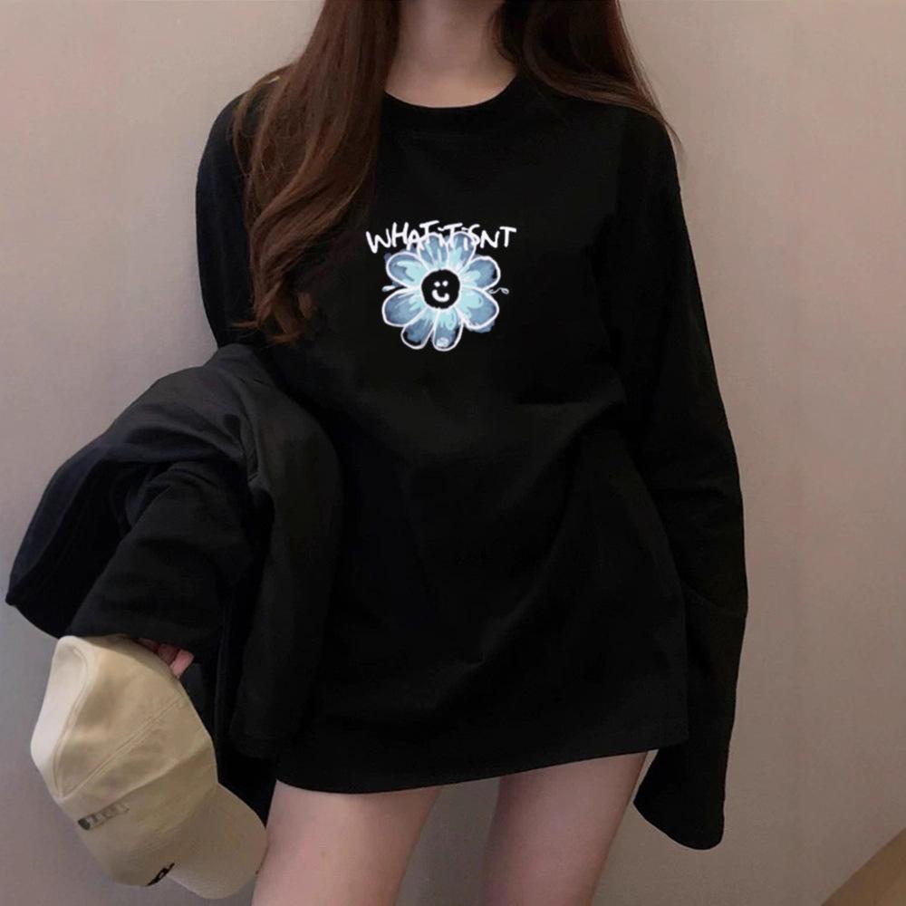 Женская весенне-осенняя футболка с длинным рукавом, круглым вырезом, оверсайз, свободная, с цветочным принтом, пуловер, топ для многослойности
