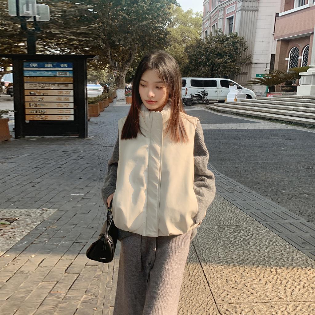 Fashion retro PU leather leave-in down cotton vest women's winter stand-up collar loose thickened vest jacket