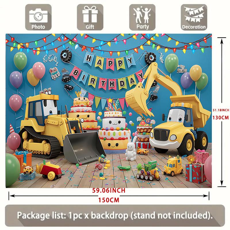Party Backdrop Construction Truck Yellow Excavator Balloons Cakes Playful Photo Booth Decor Birthday Party Decor