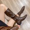 New Women Boots Zipper Thick Mid Heels Simple Solid Pleated Leather Autumn Winter Boots Knee High Botas Plus Size 34-42
