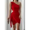 Red Asymmetrical Cut Crepe Dress With Tied Skirt