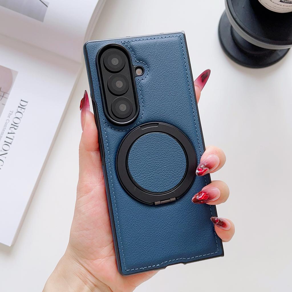 360 Rotating Aluminum Folding Kickstand PU Leather Phone Case for Samsung Galaxy Z Fold 7 6 5 4 Wireless Charging Magnetic Cover