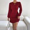 Women's Fashion Ruffled Hem Ruched Bodycon Dress With Round Neck, Long Sleeves And Solid Color