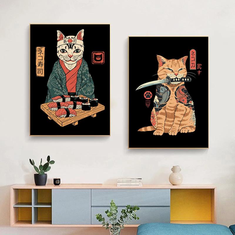 Японский самурайский кот, настенное искусство Неко Рамен, холст, картина, мультяшный постер с животными, фотографии, украшение для дома, ресторана, бара, Куадрос