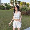 Women's Crochet Skeleton Vest Outer Sleeveless Knitted Top Shoulder Vest Outer Suspender Shorts Suit