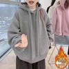 Women's 2025 Winter Gray Hooded Sweatshirt - Korean-Style, Velvet, Loose Fit