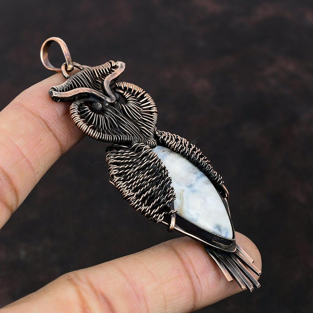 Подвеска из голубого шеелита, обернутая медной проволокой, Подвеска с драгоценным камнем, Медные украшения, Ручная работа, Подвеска-сова, Подарок на помолвку, Украшения, обернутые проволокой