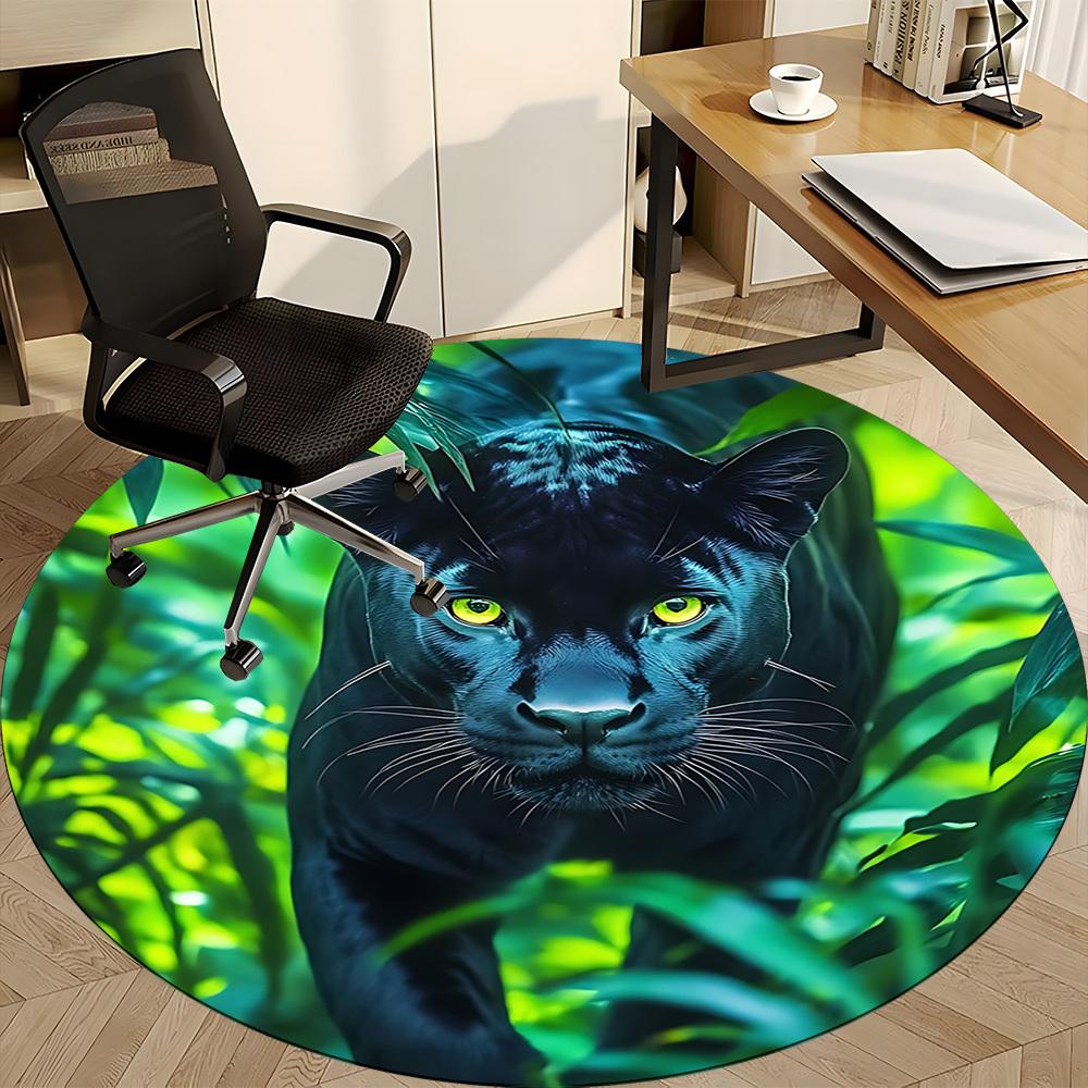 1pc Panther, Jungle Print Chair Carpet for Office, Round Non-Slip Durable Large Size Office Carpet, Suitable for Office, Beautiful Decoration