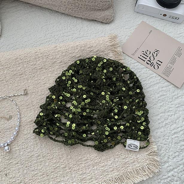Adult Hair Cap Hollow Bag Head Hat Solid Color Knitted Mesh Hat Fashion Sequin Concave Fishing Net Headscarf Hat