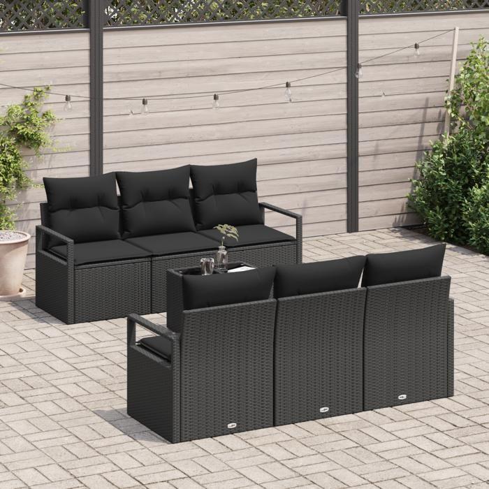 Ensemble de Canapé de Jardin de 7 pièces avec Coussins Noir Poly Rattan, Canapé de Jardin de 2 Places avec Rangement et 3354942