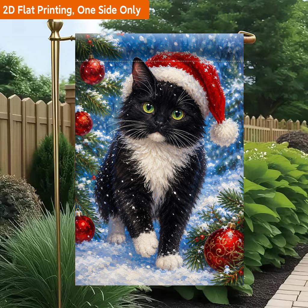 2D Flat, 2D Flat Printing Garden Flag 1pc, Christmas Cat with Hat Durable Single-Sided Print Yard Flag, Garden & Home Holiday Decoration, 29.97x44.96