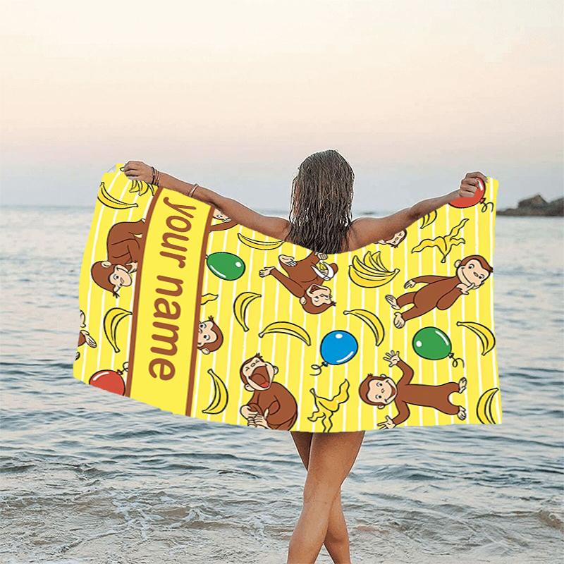 1pc Curious George1 Beach Towel with Custom Name, Beach/Swimming/Bath/Picnic/Camping Towel, Suitable for Seaside Beaches