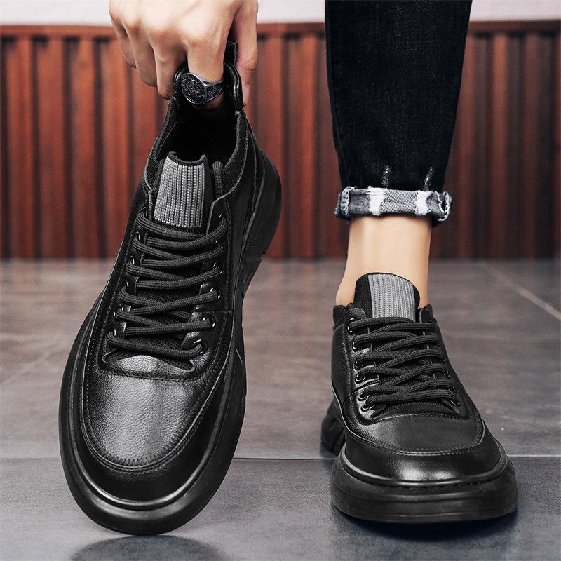 Осень и зима новая сырая скейтбордическая обувь студенческая спортивная и повседневная маленькая кожаная обувь черная высокая