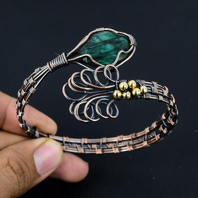 Изумрудный браслет-бенгл, Браслет из драгоценных камней ручной работы, Антикварные украшения, обмотанные медной проволокой 999 пробы, Для подарка на помолвку