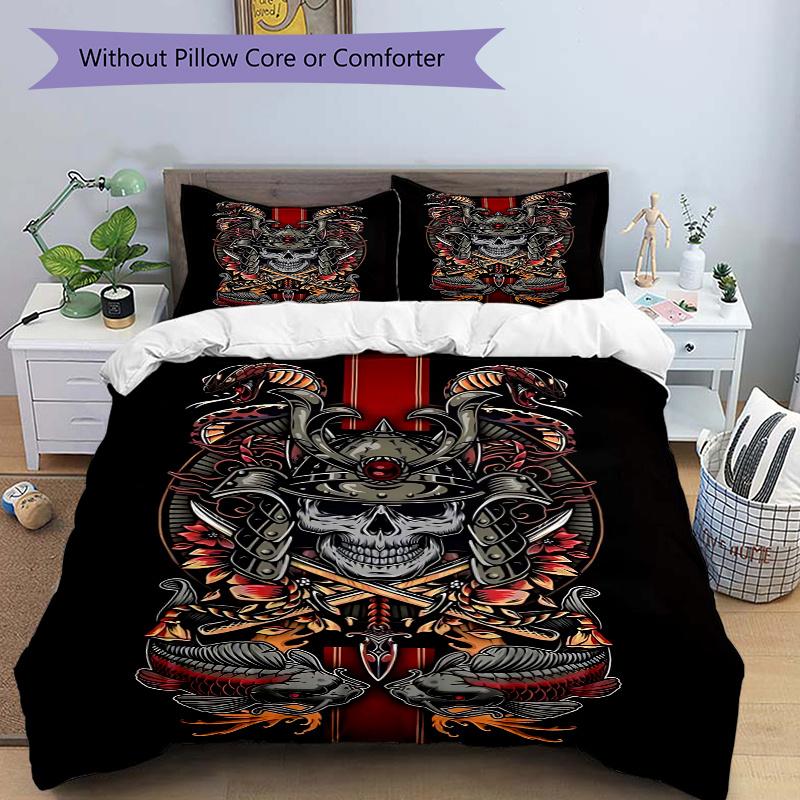 3pcs Anime Samurai Skull Decorative Bedding Set - Includes One Quilt Cover and Two Pillowcases (No Core) - Perfect for Bedroom and Guest Room Decorati