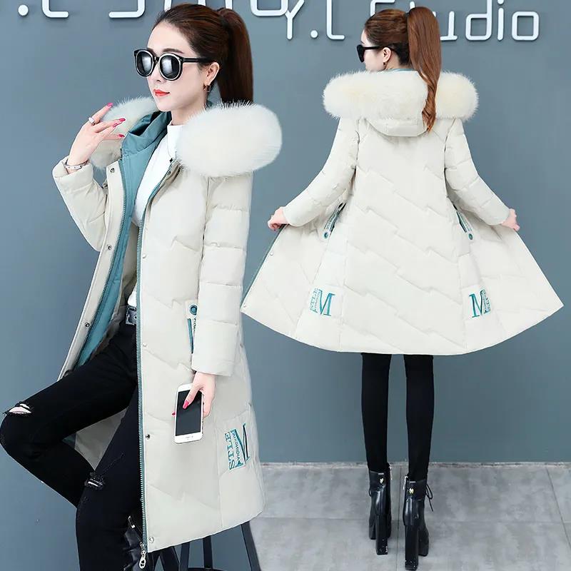 Пуховик зимняя корейская мода с большим меховым воротником средней длины с капюшоном толстая теплая куртка большого размера подходит для женщин