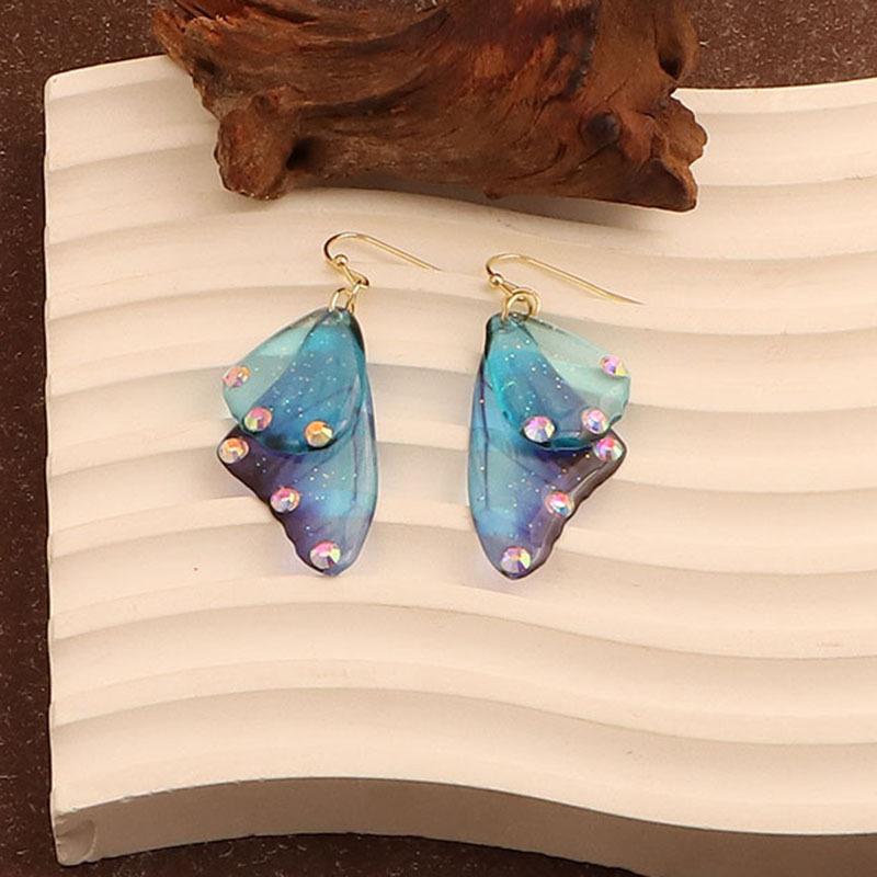 Colorful Resin Rhinestone Double Butterfly Wing Dangle Earrings for Women Wedding Holiday Jewelry
