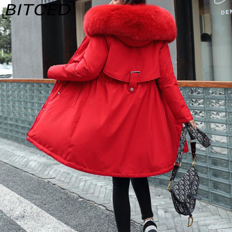 BITCED Winter Women's Mid-Length Cotton Coat with Large Fur Collar and Fleece Lining