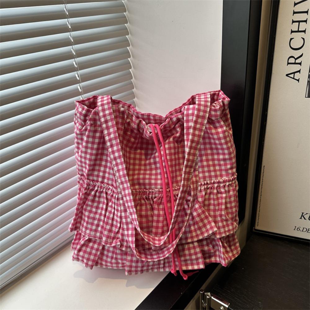 Сумка на кулиске в корейском стиле, модная клетчатая сумка-тоут, простая сумка через плечо в форме листа лотоса, сумка для хранения