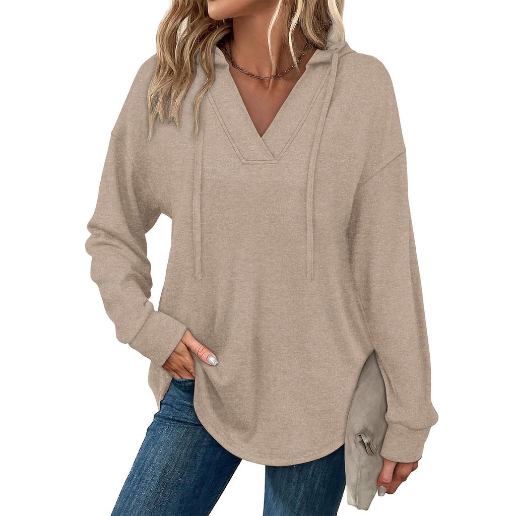 Women's Fashion Solid-Color Long-Sleeve Hooded V-Neck Casual Sweatshirt Top