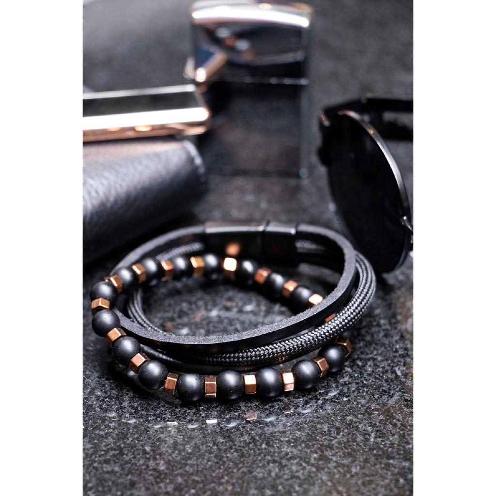 Мужской комбинированный браслет из черной натуральной кожи и гематита из натурального камня 001