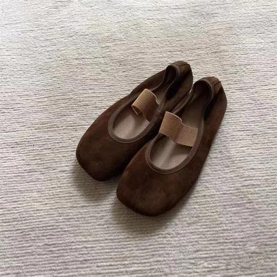 Кожаные ретро нишевые замшевые туфли-балетки с квадратным носком и неглубоким вырезом, удобные, на плоской подошве, туфли Мэри Джейн, женская обувь