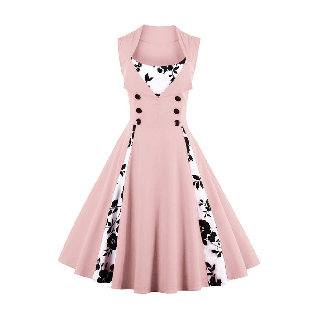 Women's Fashion Dress Vintage Slim Fit Sleeveless Floral Print Dress