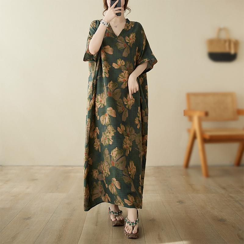Real shot summer thin cotton and linen V-neck large size loose vacation wind beach dress retro medium and long dress women
