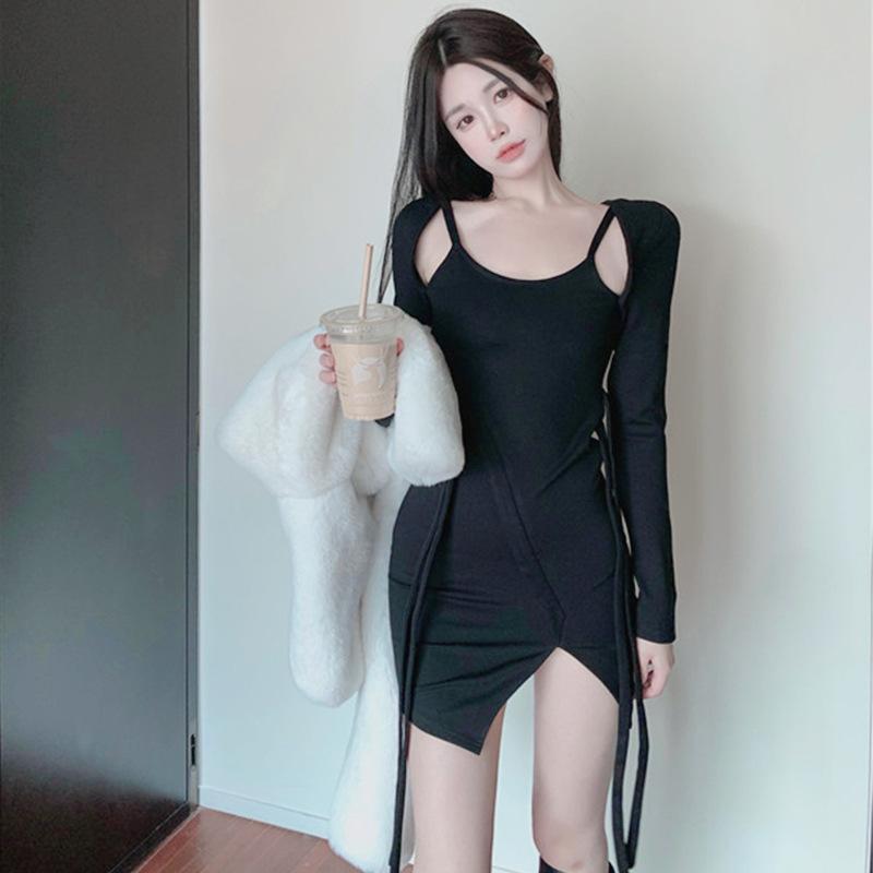 Fake two-piece black dress women's spring dress sexy a-word hip skirt splicing irregular Spice Girl split skirt