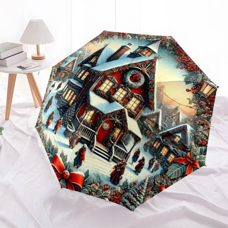 Christmas Village Scene with Snowy Houses and Festive DecorationsUmbrella with Cute Design,Portable 3-Fold Compact Umbrella for Men&Women,Va