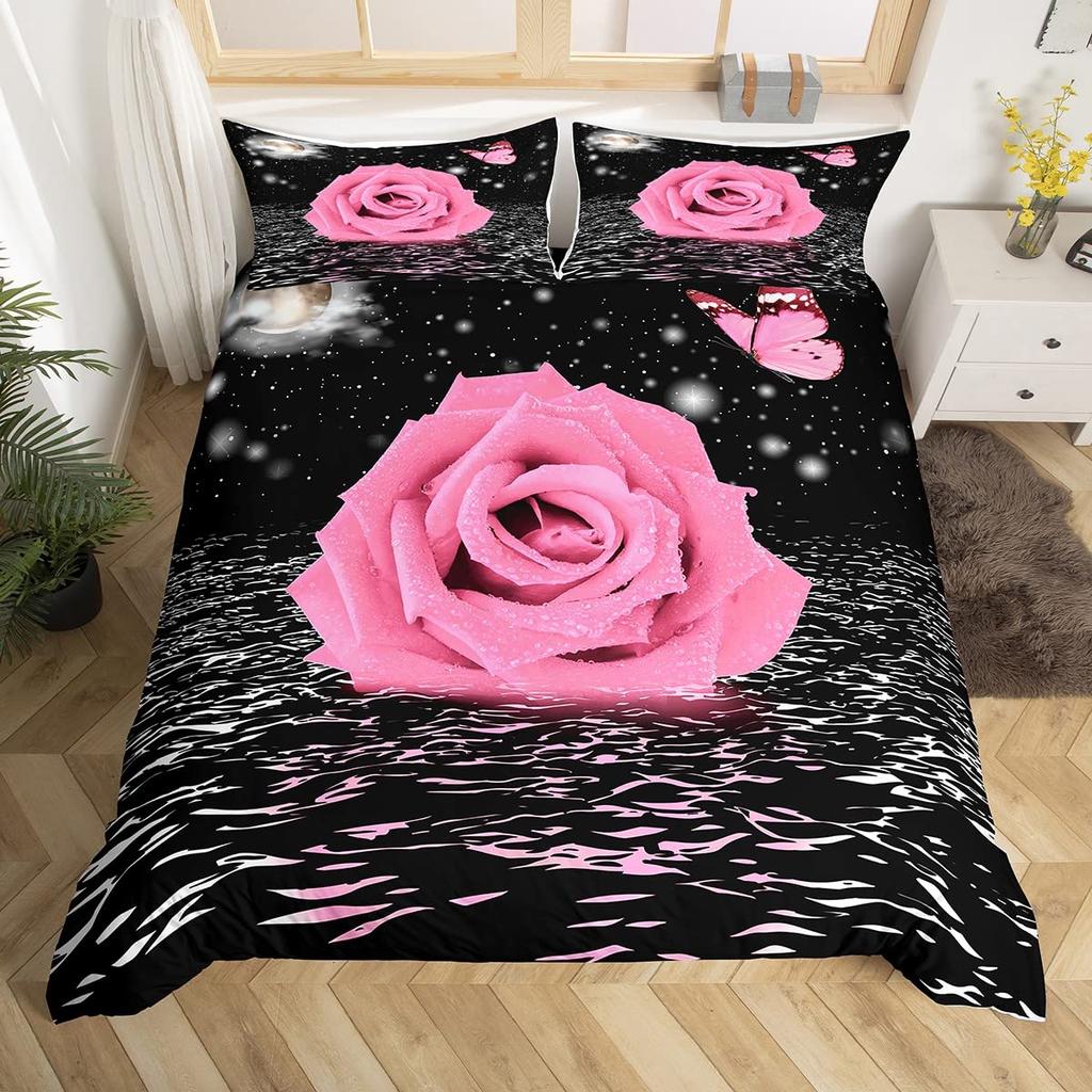 Пододеяльник Golden Red Rose King Queen Романтический комплект постельного белья с цветочным принтом Цветы ко Дню святого Валентина Пододеяльник из полиэстера