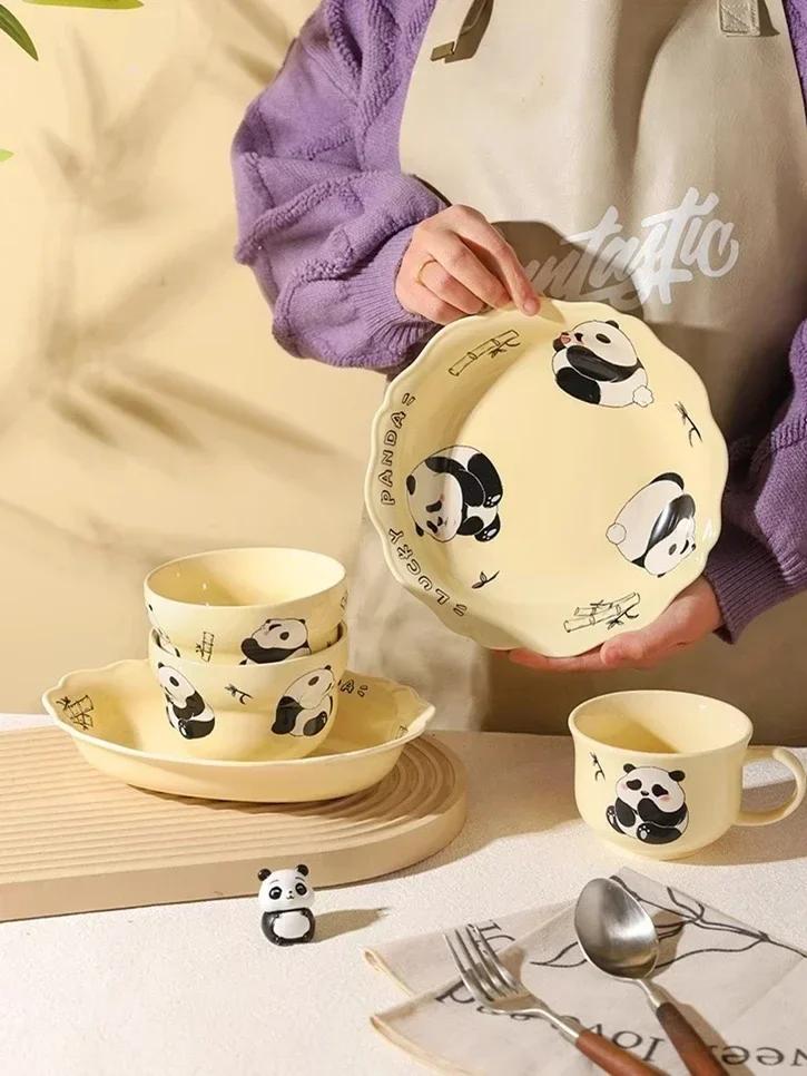 Детская керамическая посуда с изображением панды: салатница, миска для риса, тарелка для обеда и завтрака, чашка для молока, кружка. Милый мультяшный кухонный фарфор.