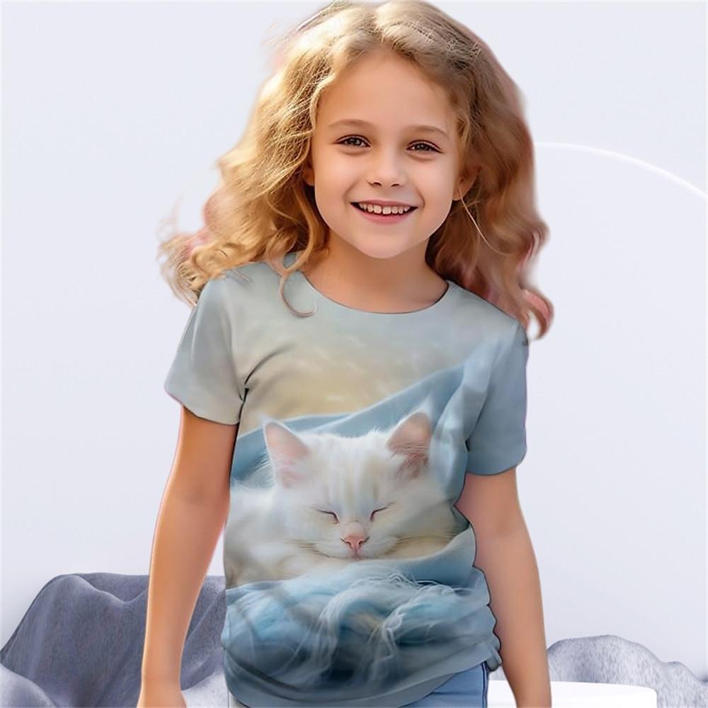 Детская одежда для мальчиков и девочек Футболка с принтом 3D Cat и короткими рукавами, топ с круглым вырезом