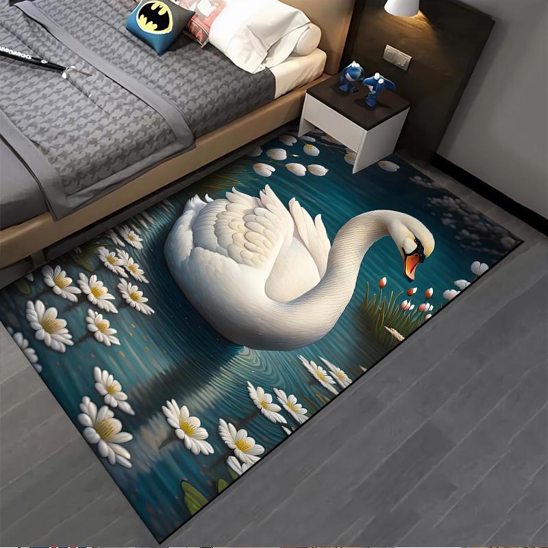 Elegant White Swan and Daisy Pattern Carpet for Living Room Decor Suitable for use as an anti-slip for living room bedroom sofas