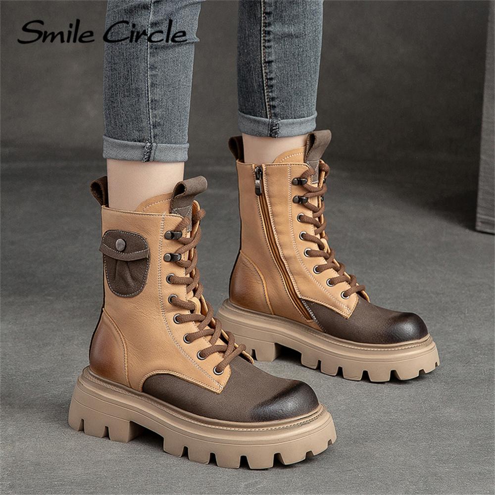 Женские ботинки из натуральной кожи на массивном каблуке, цветные сапоги с высоким берцем и толстой подошвой, модные повседневные женские мотоциклетные ботинки