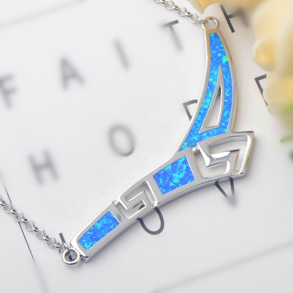 Aobao Christian Silver Plated Copper Link Chain Sweater Necklace with Geometric Design and Opal Stone
