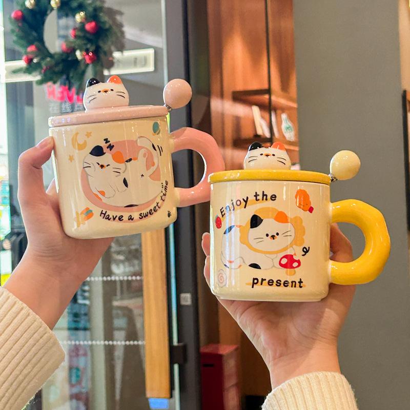 Birthday Gift Cute Cat Mug with Lid Couple Water Cup High Looking Bestie Ceramic Cup Practical Souvenir
