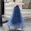 Summer Women Fairycore Mesh Midi Skirt High Waist Blue Romantic Fairy Skirt Elegant Feminine Ladies' Chic Skirts Womens