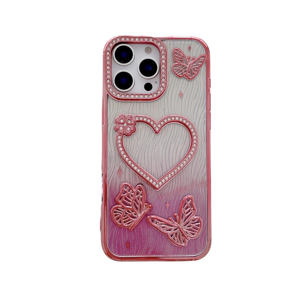 For IPhone 16 Promax Sparkling Diamond Phone Case for Apple 15 Love Butterfly 14 Gradient Sparkling Pink Soft Case