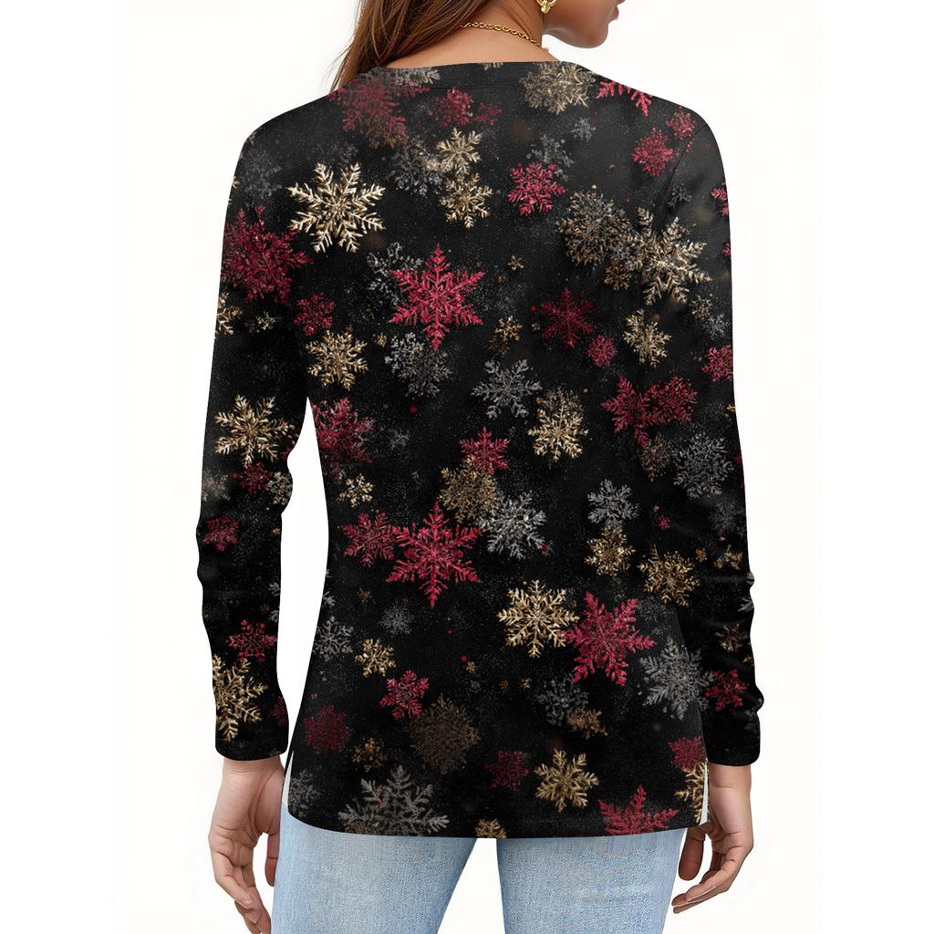 Women's Fashion Casual H Printed V-Neck Long Sleeve Decorative Button T-Shirt Tops