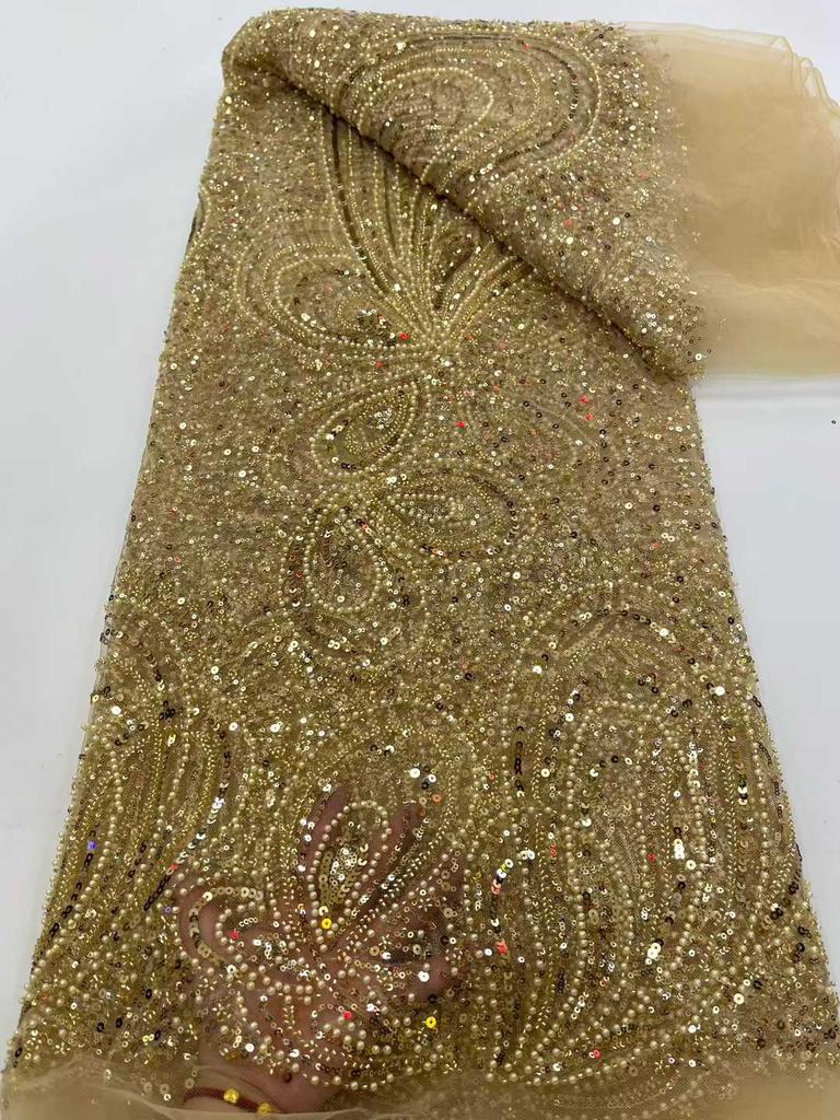 Африканское кружево Французская ткань с пайетками 2025 Высококачественная вышивка Тюлевые кружевные ткани с бисером для шитья свадебного платья в Нигерии