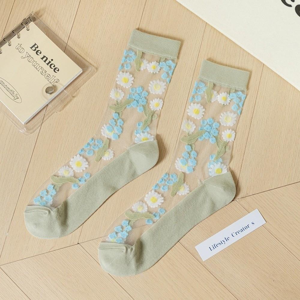 Crystal Silk Floral Embroidery Socks Ultra-Thin Nylon Long Socks Chic Mid-Tube Socks  Cosplay