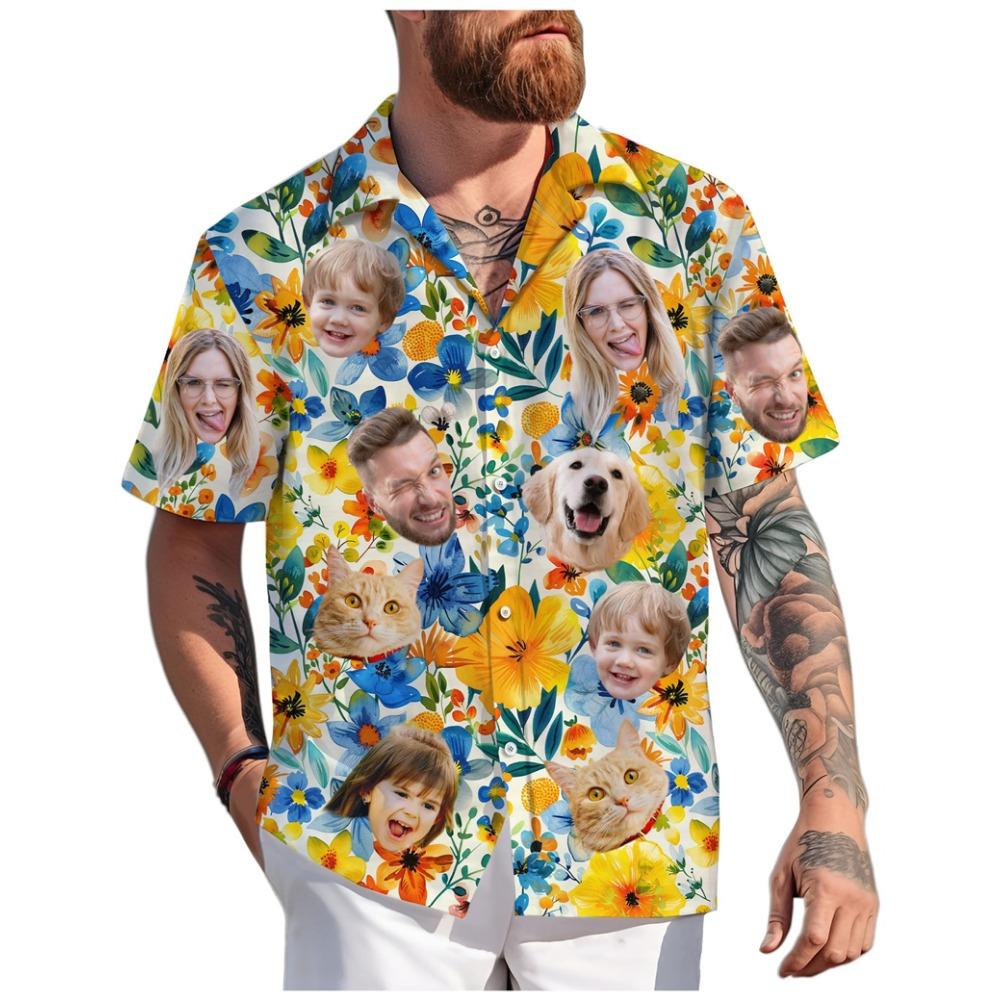 Custom Adult Kid Pet Face Hawaiian Shirts Summer Fashion Short Sleeve Personalized 3D Printed Shirt Loose Breathable DIY Blouses