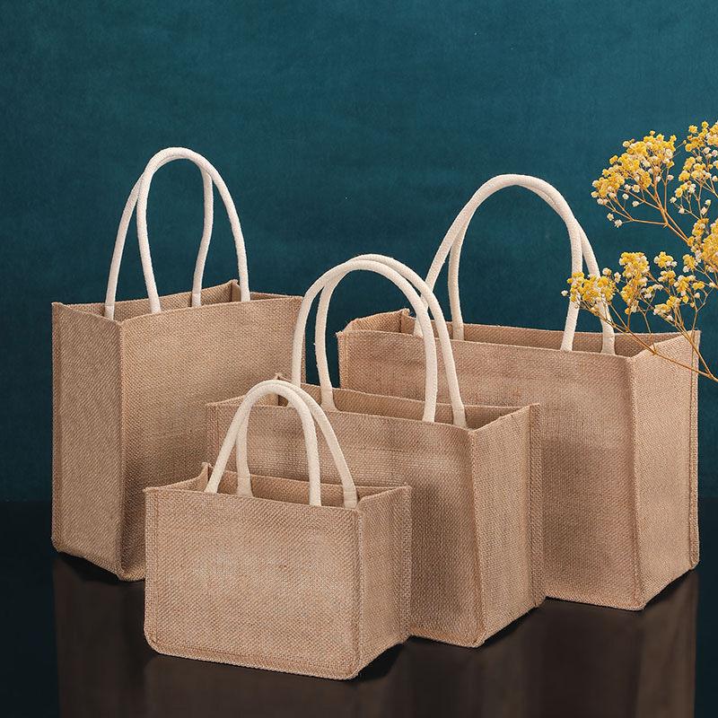 Eco Friendly Reusable Jute Bag Waterproof Interior Burlap Tote Bags Natural Linen Bags with Soft Cotton Handles and Laminated Interior