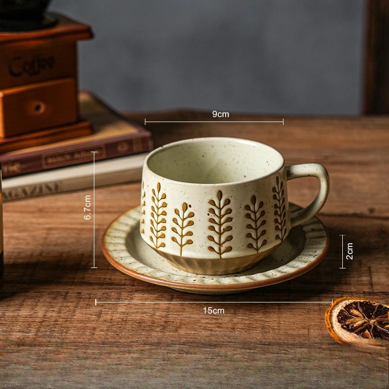 High-class Sense of Retro Coffee Cups and Saucers Set of Creative Rough Pottery Flower Cups Household High-grade Exquisite Mugs