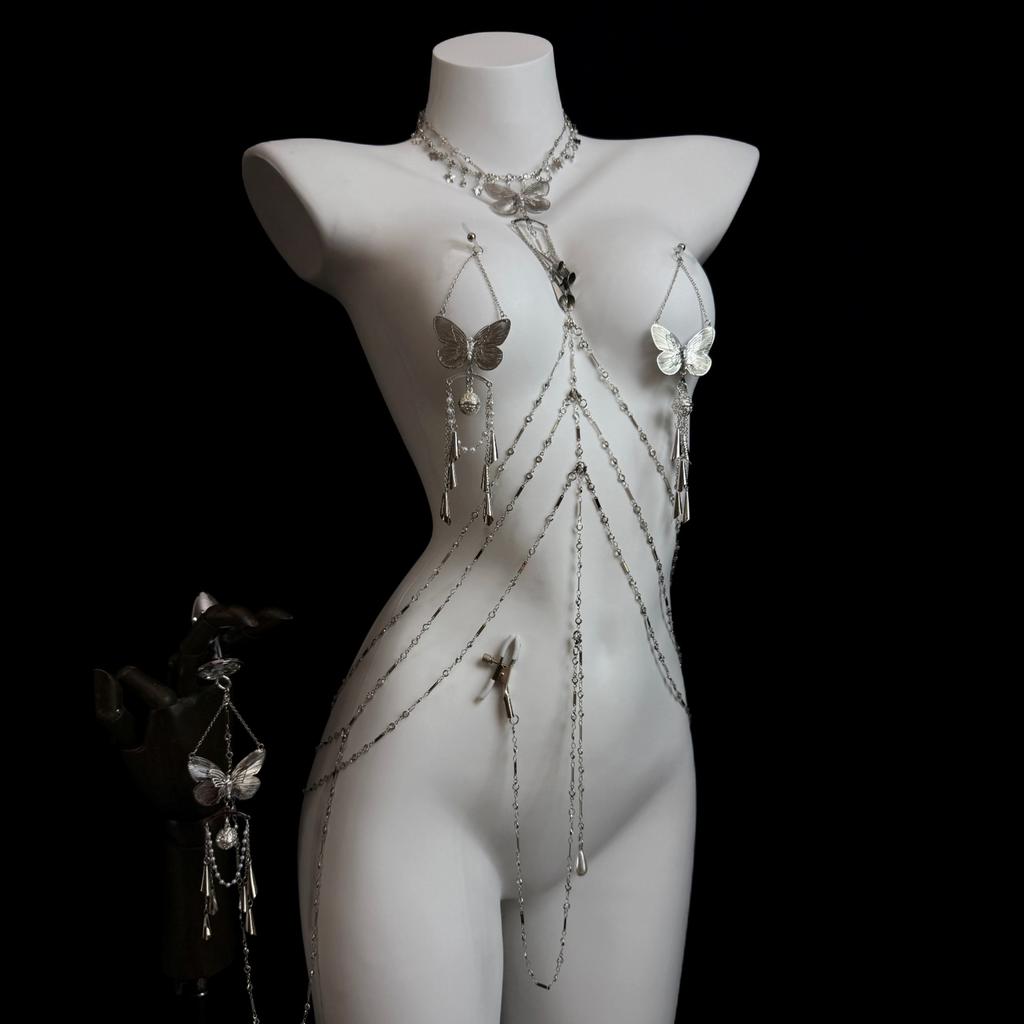 Sexy Body Chain Butterfly Nipple Clamp Breast Massager BDSM Necklace Nipple Ring Anal Plug Clitoris Clip Anal Stimulator Adults